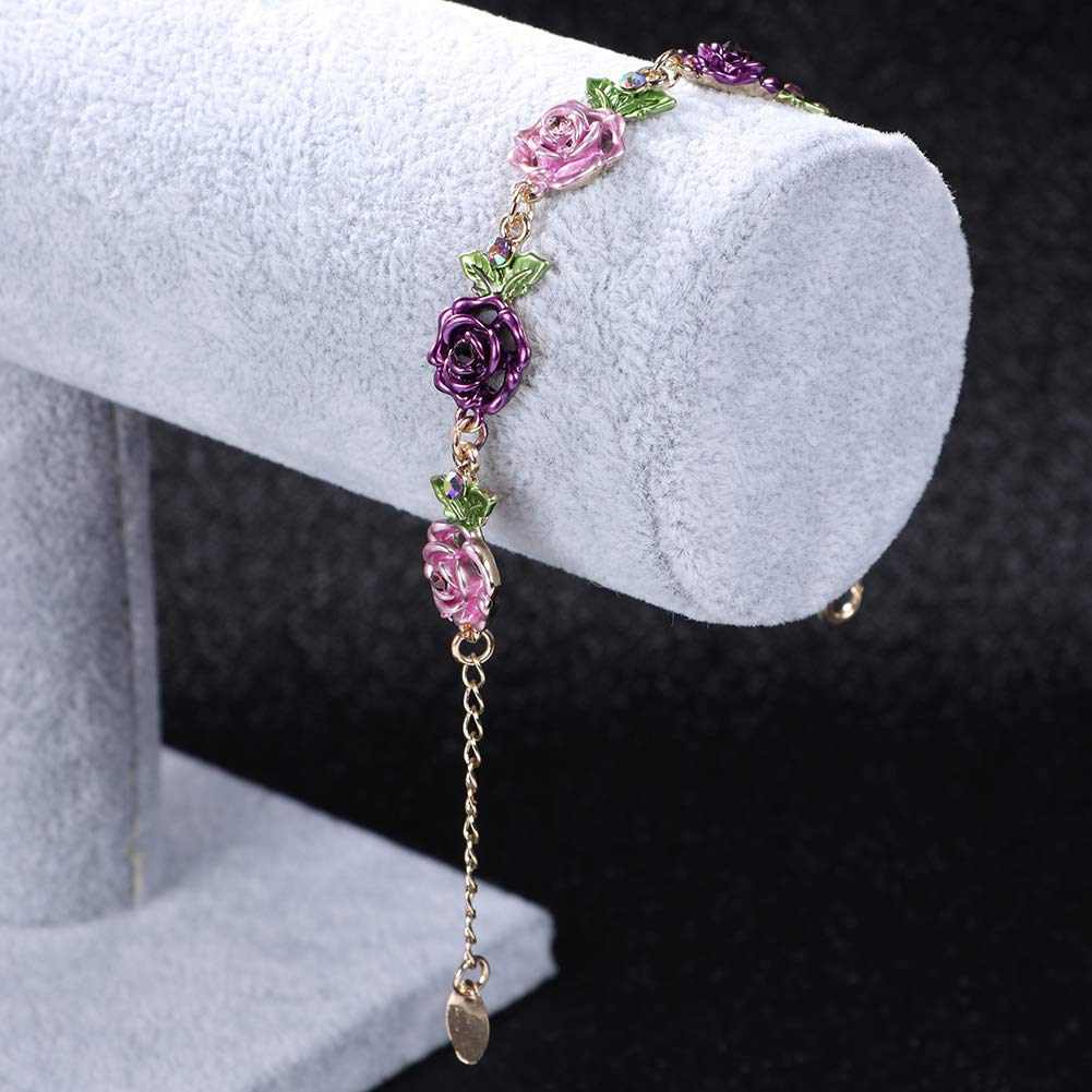 JSJOY Flower Bracelet Colorful Link Bracelets Rose Flower Leaf Bangle Bracelet Anklet Cloisonne Chain Hand Jewelry with Charm for Women Lady Girl Daughter with Extension Chain Gift Box gift