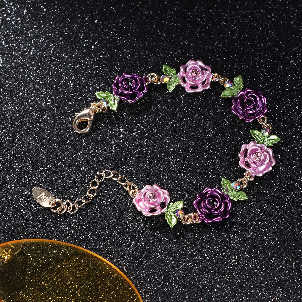 JSJOY Flower Bracelet Colorful Link Bracelets Rose Flower Leaf Bangle Bracelet Anklet Cloisonne Chain Hand Jewelry with Charm for Women Lady Girl Daughter with Extension Chain Gift Box gift
