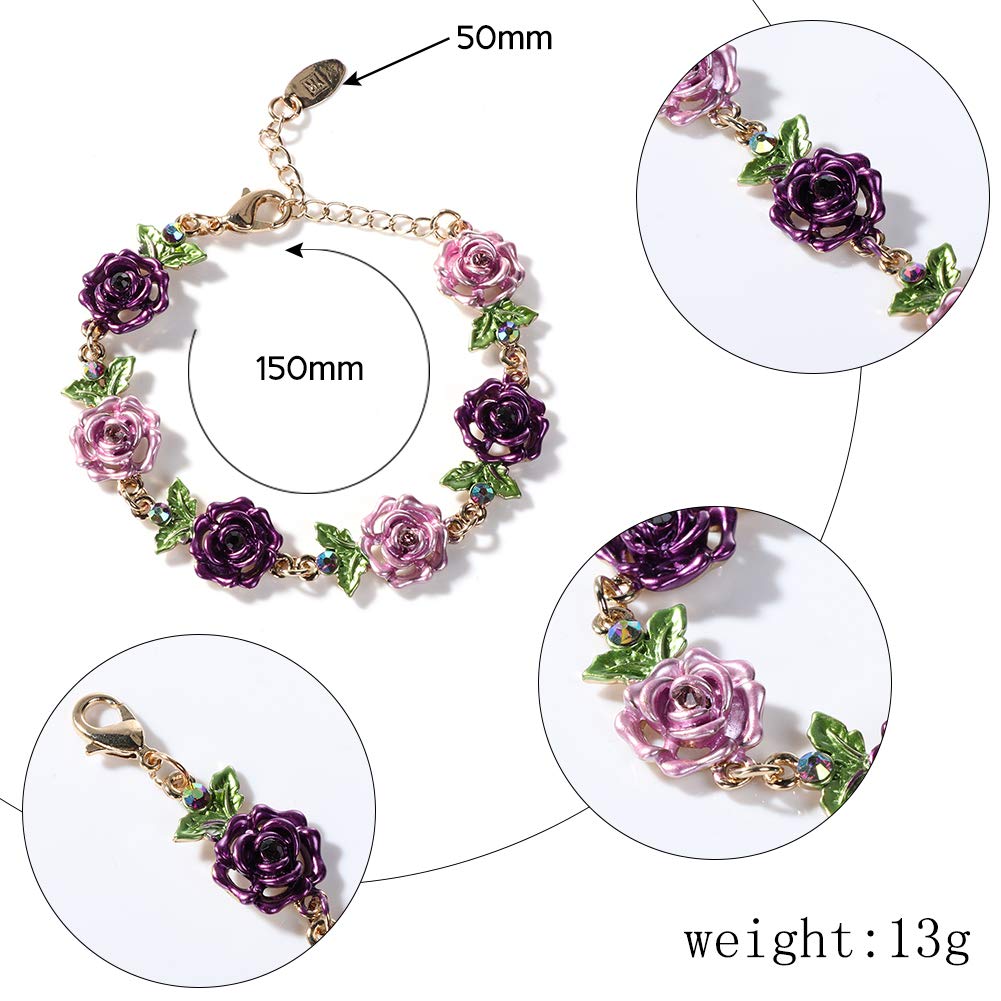 JSJOY Flower Bracelet Colorful Link Bracelets Rose Flower Leaf Bangle Bracelet Anklet Cloisonne Chain Hand Jewelry with Charm for Women Lady Girl Daughter with Extension Chain Gift Box gift