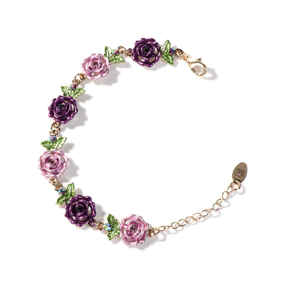 JSJOY Flower Bracelet Colorful Link Bracelets Rose Flower Leaf Bangle Bracelet Anklet Cloisonne Chain Hand Jewelry with Charm for Women Lady Girl Daughter with Extension Chain Gift Box gift