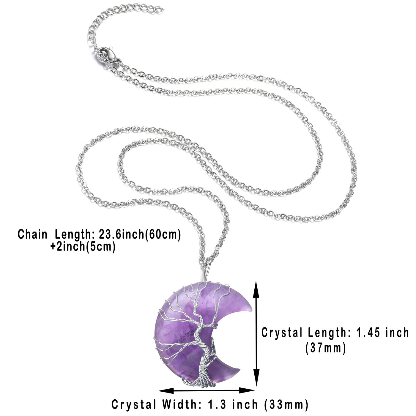 Healing Amethyst Crystal Necklace Crescent Moon Natural Stone Pendant Necklaces Tree of Life Wire Wrapped Hippie Spiritual Reiki Gemstone Quartz Jewelry for Women Gift