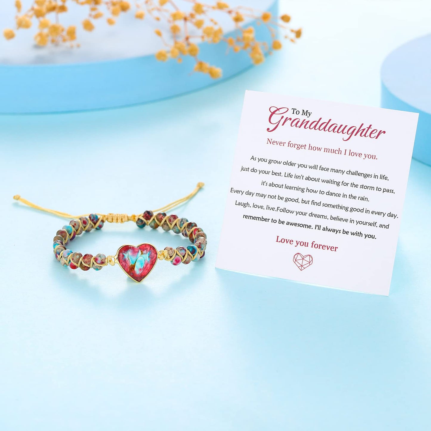 To My Granddaughter Bracelet Jasper Heart Bracelet for Granddaughter form Grandma Grandpa Love You Forever Bracelet Handmade Adjustable Double Winding Braided Classic Natural Gift for Granddaughter Bracelet Jewelry
