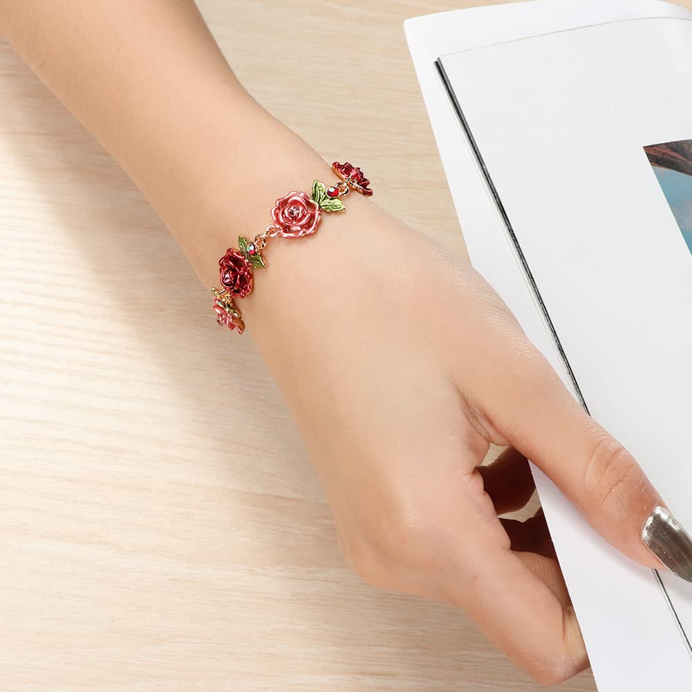 JSJOY Flower Bracelet Colorful Link Bracelets Rose Flower Leaf Bangle Bracelet Anklet Cloisonne Chain Hand Jewelry with Charm for Women Lady Girl Daughter with Extension Chain Gift Box gift