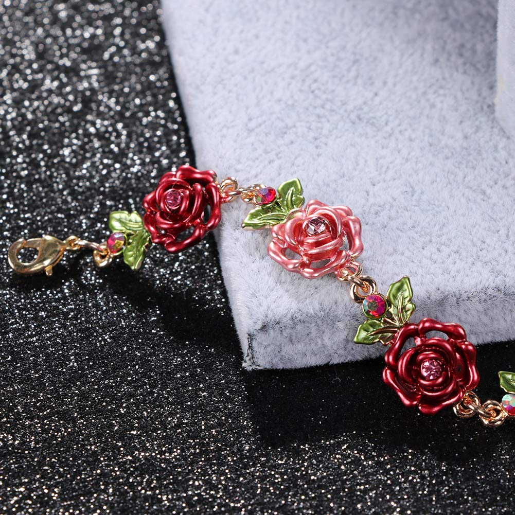 JSJOY Flower Bracelet Colorful Link Bracelets Rose Flower Leaf Bangle Bracelet Anklet Cloisonne Chain Hand Jewelry with Charm for Women Lady Girl Daughter with Extension Chain Gift Box gift
