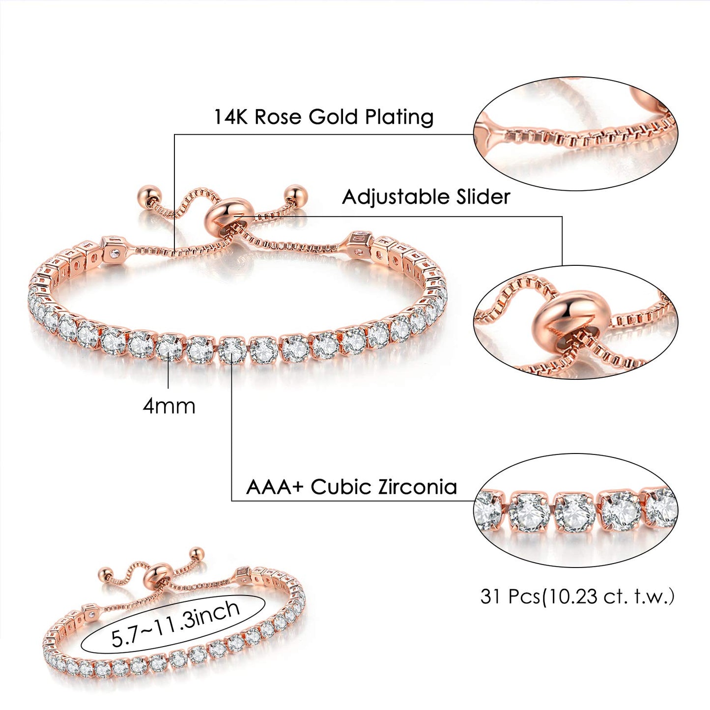 JSJOY 3 Pcs Tennis Bracelets for Women 14K Gold Plated 4mm 5A+ Cubic Zirconia CZ Diamond Classic Adjustable Slider Bracelet Fashion Jewelry Wedding Gift Size 6.5-7.5 Inch