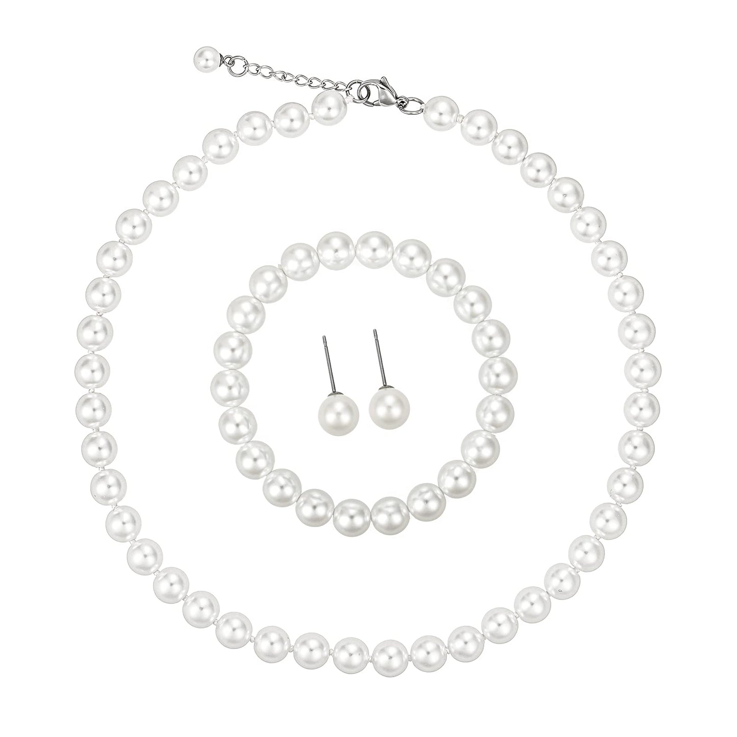 Pearl suit fashion White 8mm Faux Hand Knotted Glass Imitation Pearls Necklace Earring Jewelry 3 Set for Women and Girls