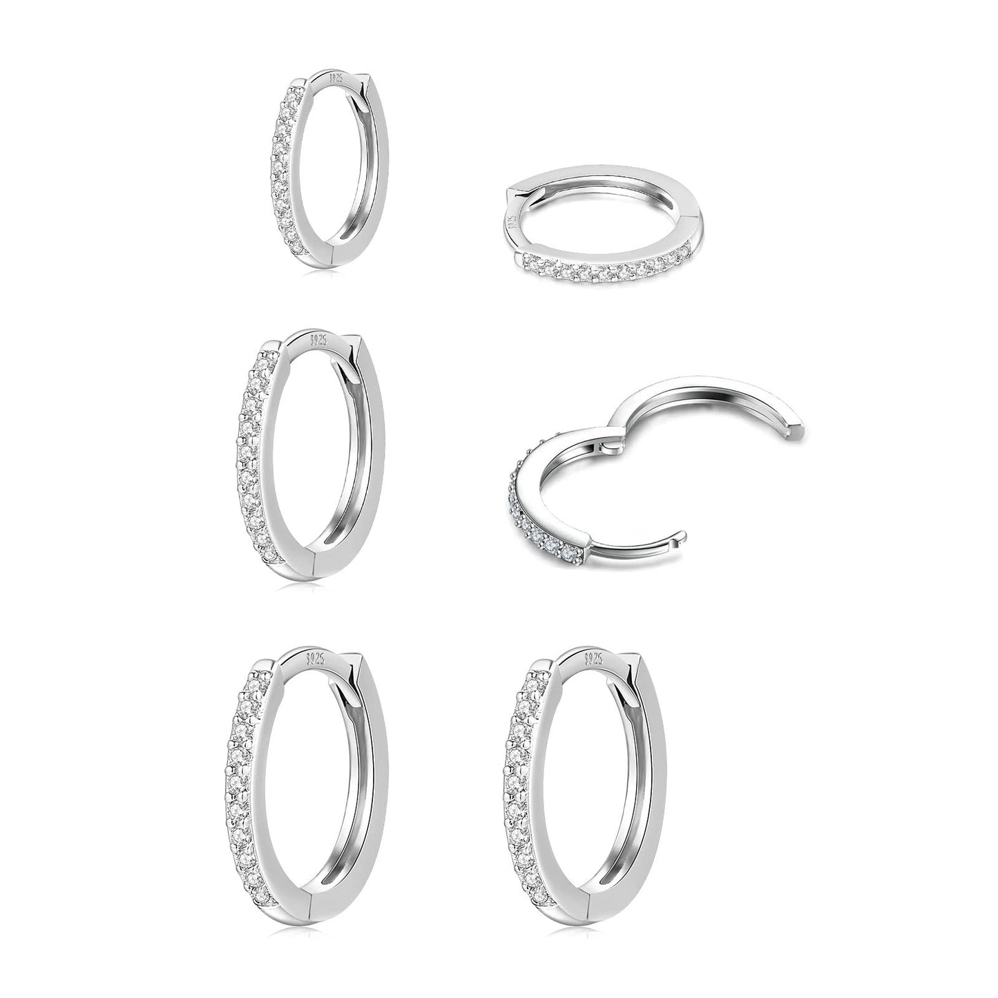 Sterling Silver Hoop Earrings for Women 14K White Gold Plated Small Silver Hoop Cubic Zirconia Silver hoop Huggie Hoop Ear Piercing Earrings 3 pairs for men girls 8mm 10mm 12mm gift