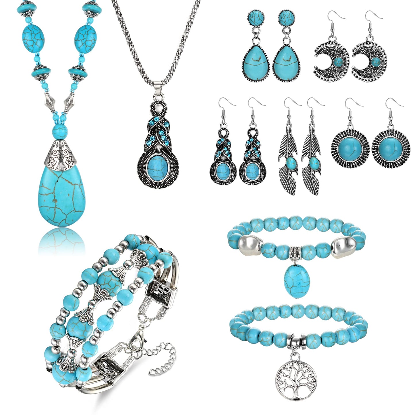 Bohemian Turquoise Jewelry Pendant Set Women Western Necklace Layered Wrap Bangle Bracelet Vintage Dangle Earrings Boho Jewelry for Women gift