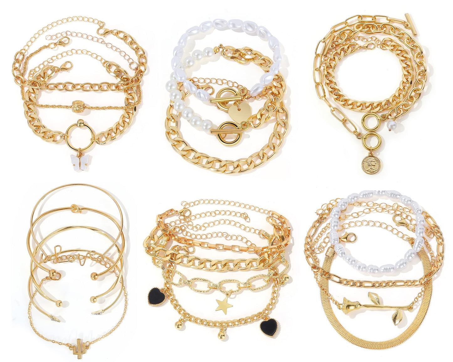 JSJOY 6 PACK (24 PCS) Boho Gold Chain Bracelets Set for Women Girls 14K Gold Plated Multiple Layered Stackable Open Cuff Wrap Bangle Adjustable Link Italian Cuban Jewelry Gift