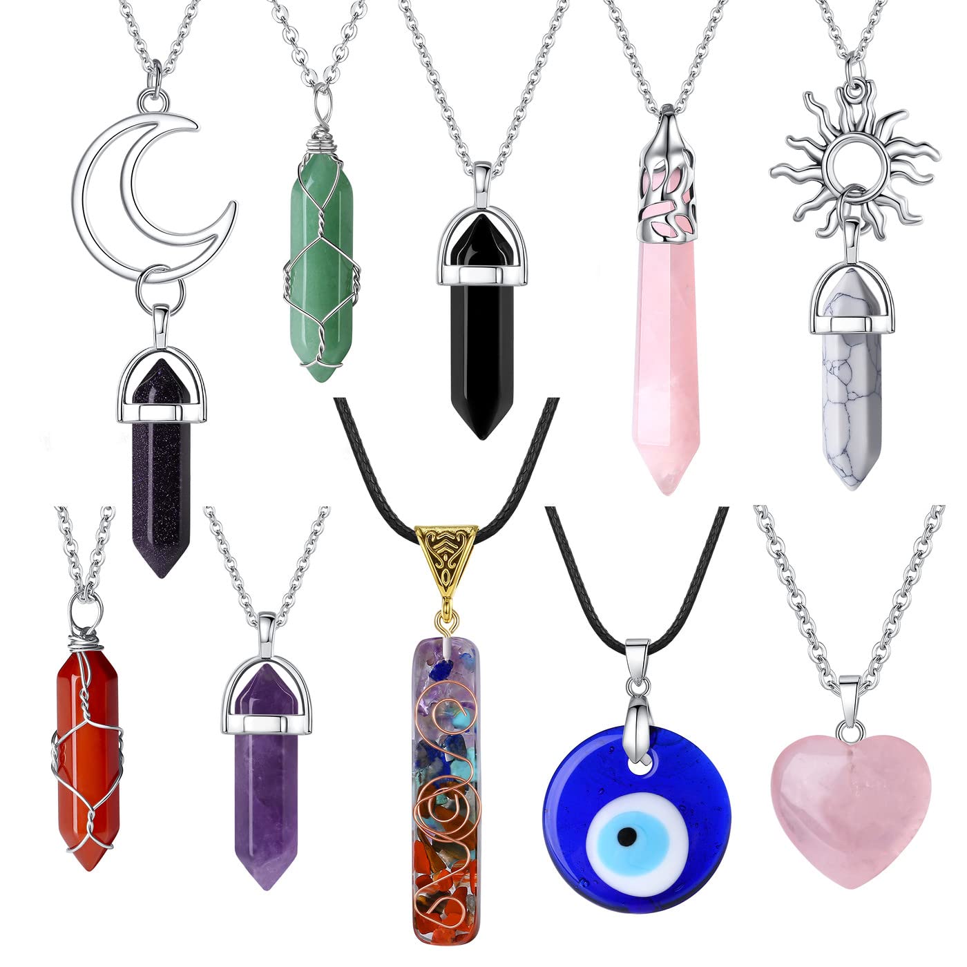 JSJOY 10 Pcs Crystal Necklace Healing Amethyst Crystals Carnelian Chakra Necklaces Evil Eye Necklace Vintage Hippie Wiccan Boho Rose Quartz Obsidian Moon Sun Jewelry Heart Gemstone Aventurine Turquoise Pendant for Women Wholesale