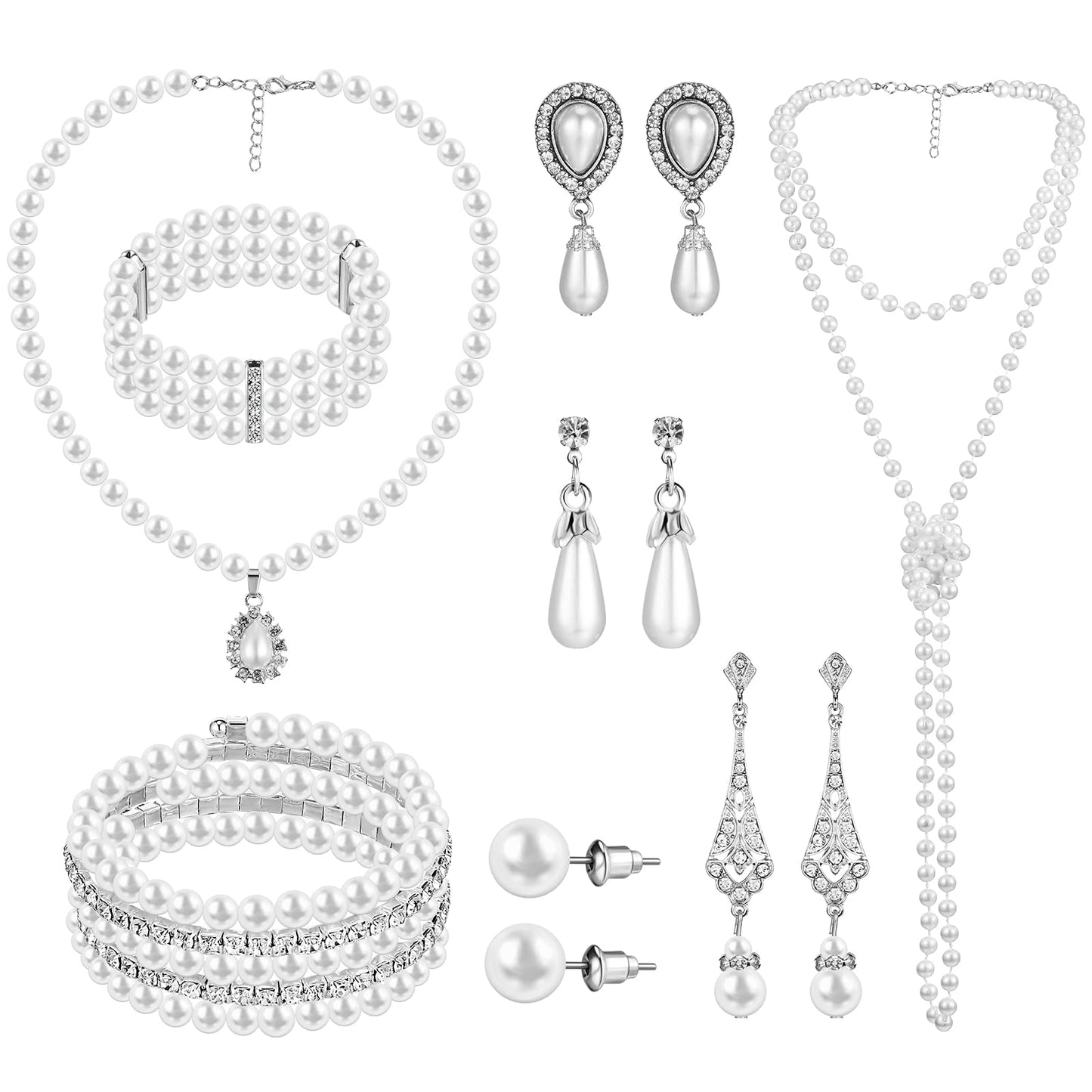 8 Pcs Pearl Necklace Pearl Earrings Pearl Bracelet Set fashion Simulated Pearls Accessories Wedding Pearl Jewelry Set Christmas Gift for Women Mom Wife