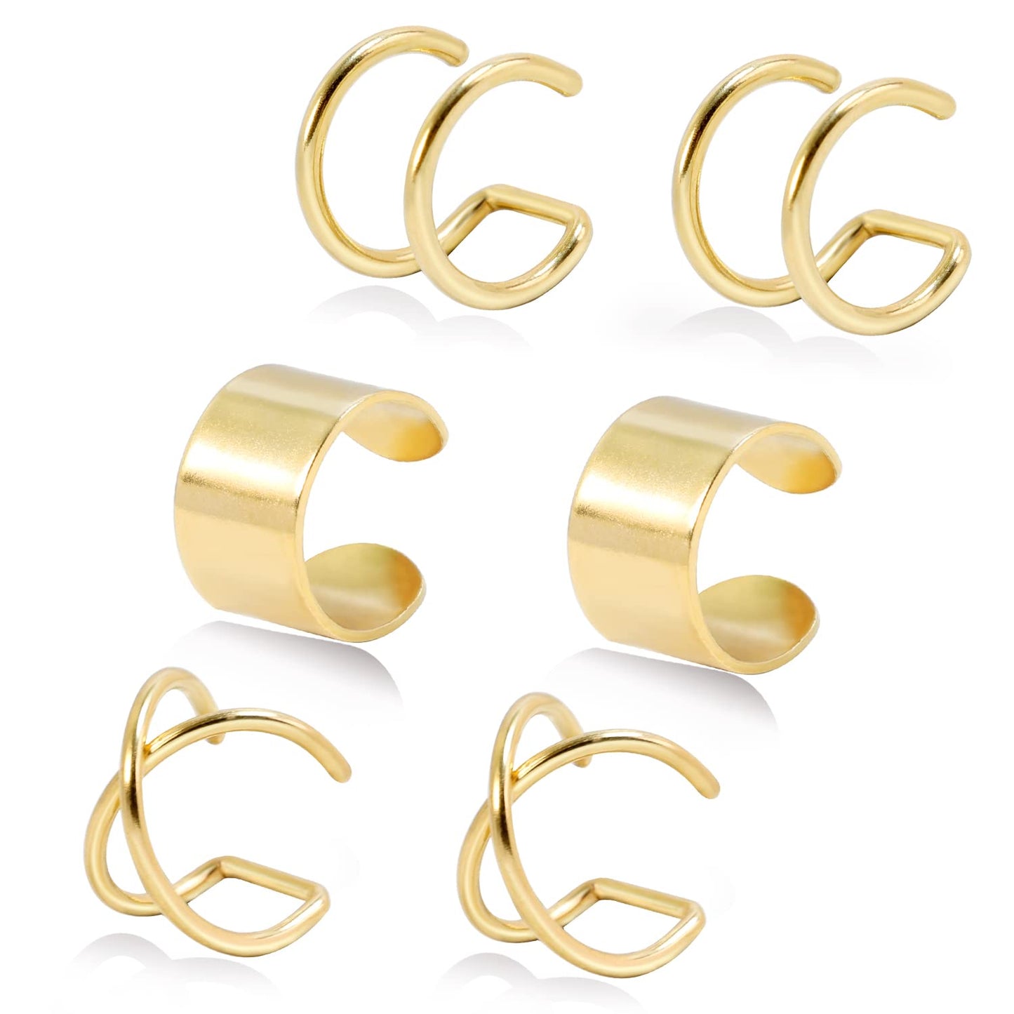 Gold Cuff Earrings for Women/Man Trendy Cute Ear Cuff Set Non Piercing Fake Helix Cartilage Huggie Cross Cuff Earrings 14K Gold Plated Hypoallergenic Simple Double Lines Ear Cuff Earrings (6pcs)