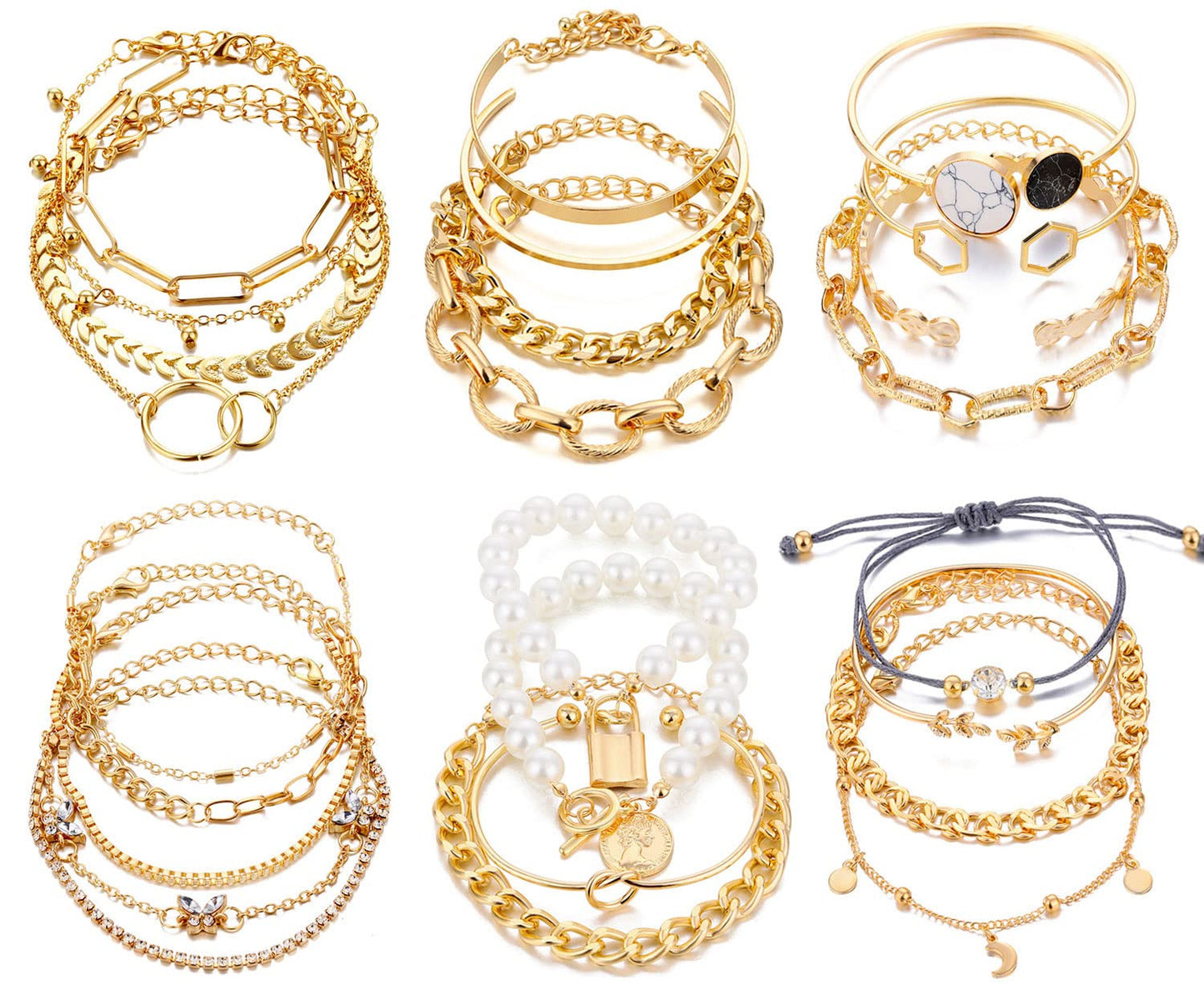 JSJOY 18-25 Pcs (6 Pack) 14K Gold Silver Bracelets Set for Women Girls Boho Stackable Y2K Chain Layered Multipack Bangles Adjustable Layering Cuff Italian Cuban Anklet Charm Chunky Bracelet Bundle Jewelry