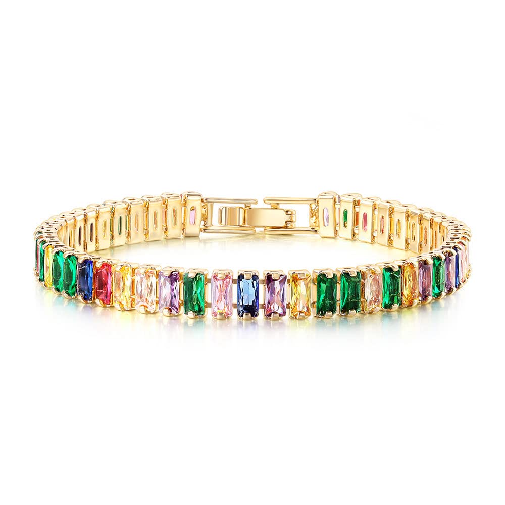 JSJOY Adjustable Tennis Bracelets for Women Teen Girls Rainbow Cubic Zirconia Bracelet 14K White Gold Plated Hypoallergenic Slider Bracelet Jewelry Gift