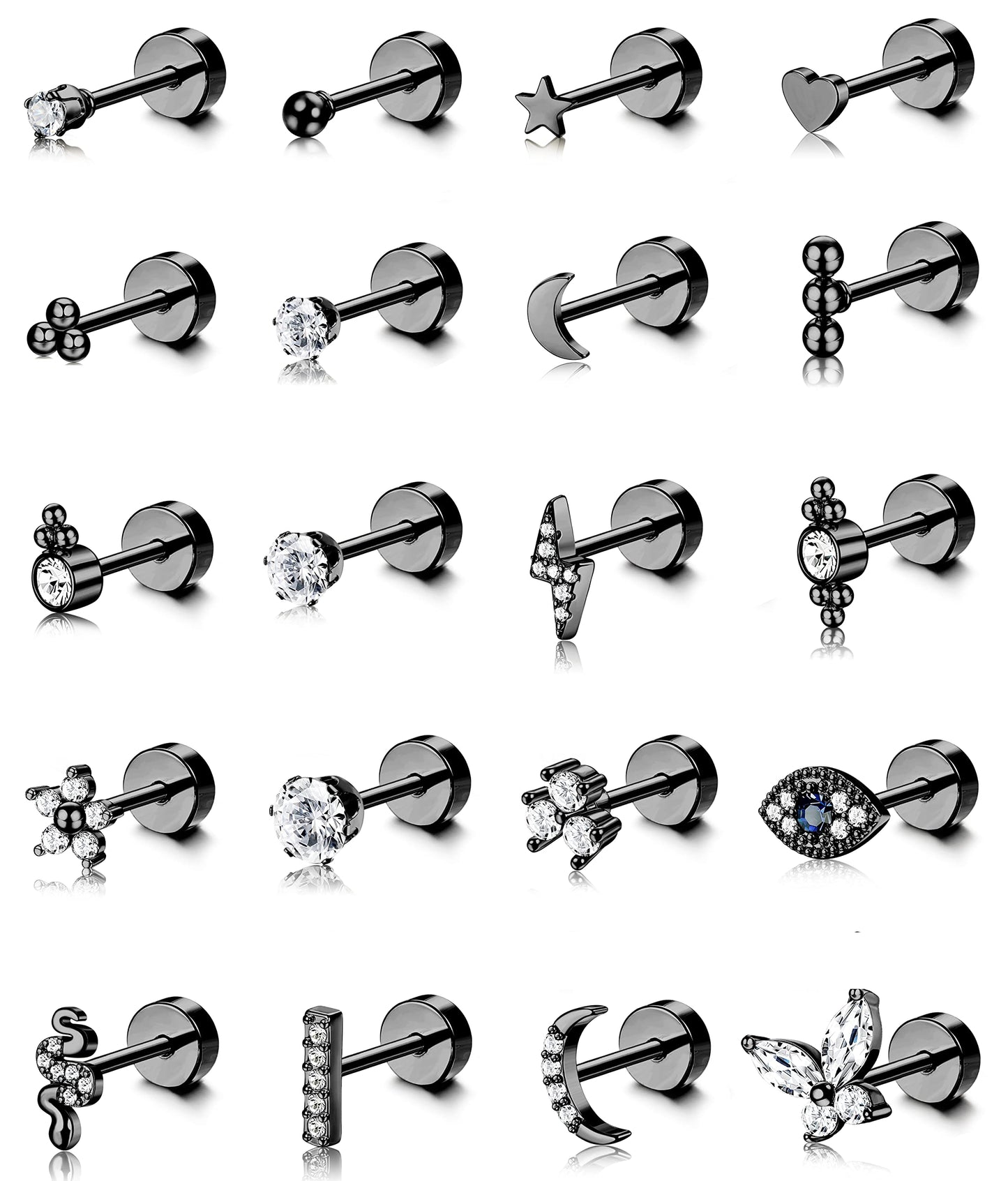 JSJOY 20Pcs Stainless Steel Stud Earrings for Women Men 20G Tiny Cartilage Stud Earrings Small Snake Star Moon Ball Butterfly Heart Eye Flower Screwback Flat Back Stud Earrings Piercing Jewelry Set