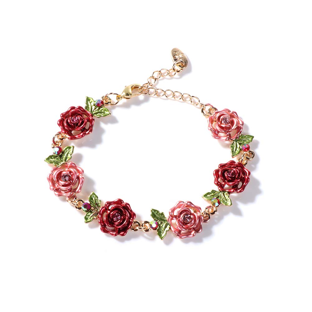 JSJOY Flower Bracelet Colorful Link Bracelets Rose Flower Leaf Bangle Bracelet Anklet Cloisonne Chain Hand Jewelry with Charm for Women Lady Girl Daughter with Extension Chain Gift Box gift