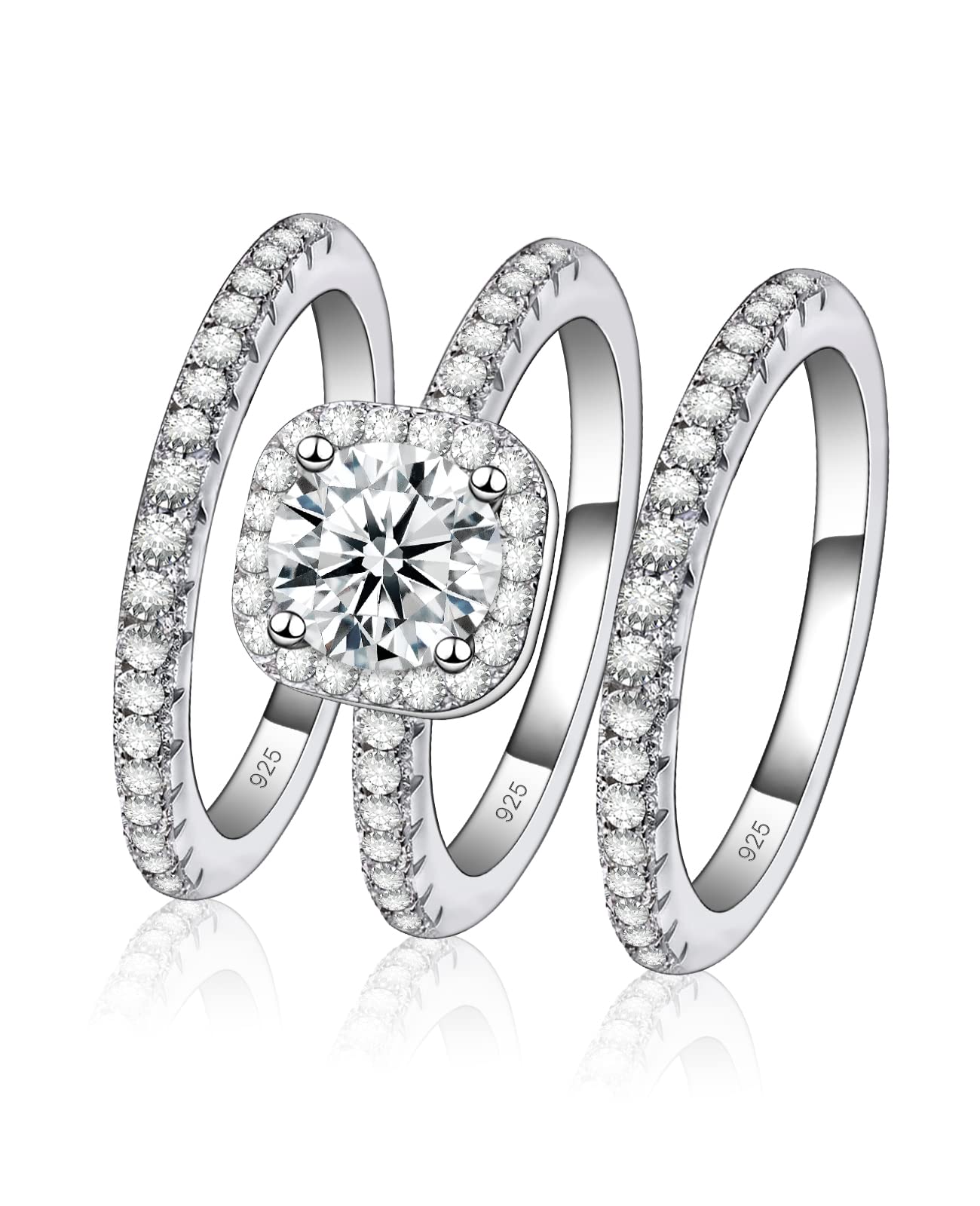 JSJOY Fashion Moissanite Halo Ring for Women, S925 Sterling Silver 18K White Gold Plated Engagement Ring 1.3CT D Color VVS1 Clarity Round Cut Solitaire Rings, Wedding Bands Promise Lab Diamond Rings for HerMoissanite Halo Ring for Women