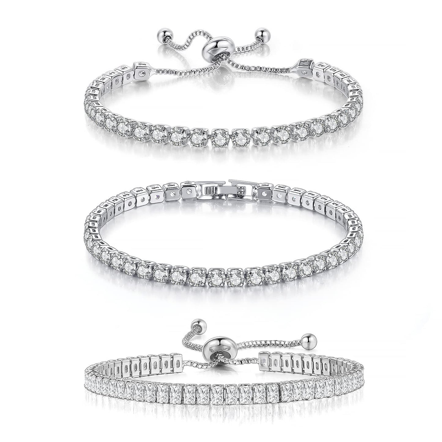 JSJOY 3 Pcs Tennis Bracelets for Women 14K Gold Plated 4mm 5A+ Cubic Zirconia CZ Diamond Classic Adjustable Slider Bracelet Fashion Jewelry Wedding Gift Size 6.5-7.5 Inch