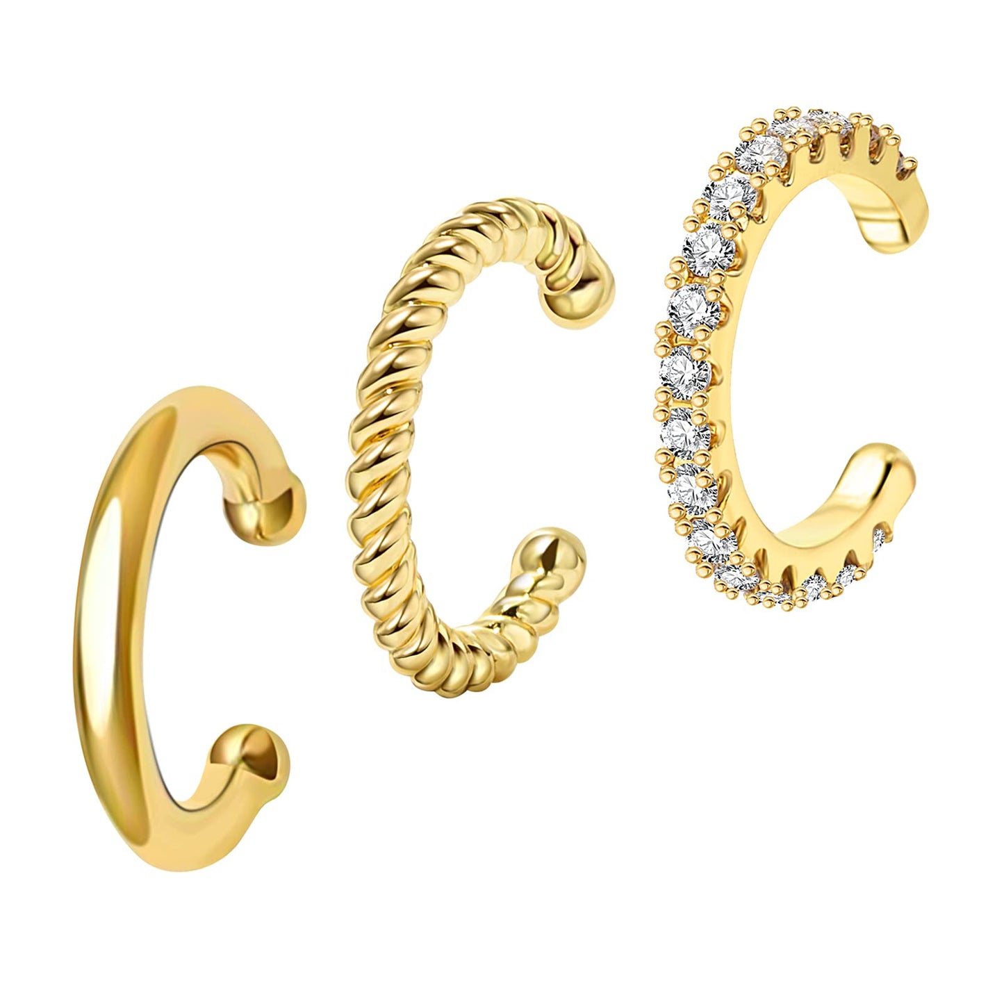 JSJOY 3Pcs 14K Gold Plated Cubic Zirconia Ear Cuffs for Non Pierced Ears Women Hypoallergenic Sparkling Round Cartilage Earring Jewelry Gifts