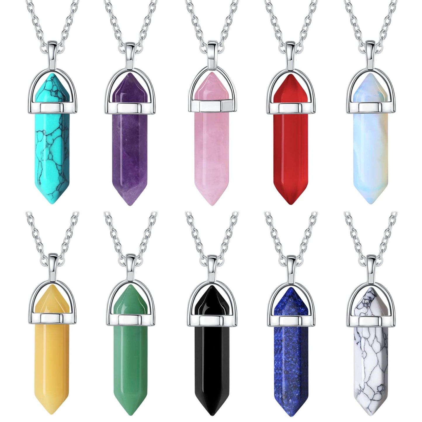 JSJOY 10 Pcs Crystal Necklace Healing Amethyst Crystals Carnelian Chakra Necklaces Evil Eye Necklace Vintage Hippie Wiccan Boho Rose Quartz Obsidian Moon Sun Jewelry Heart Gemstone Aventurine Turquoise Pendant for Women Wholesale