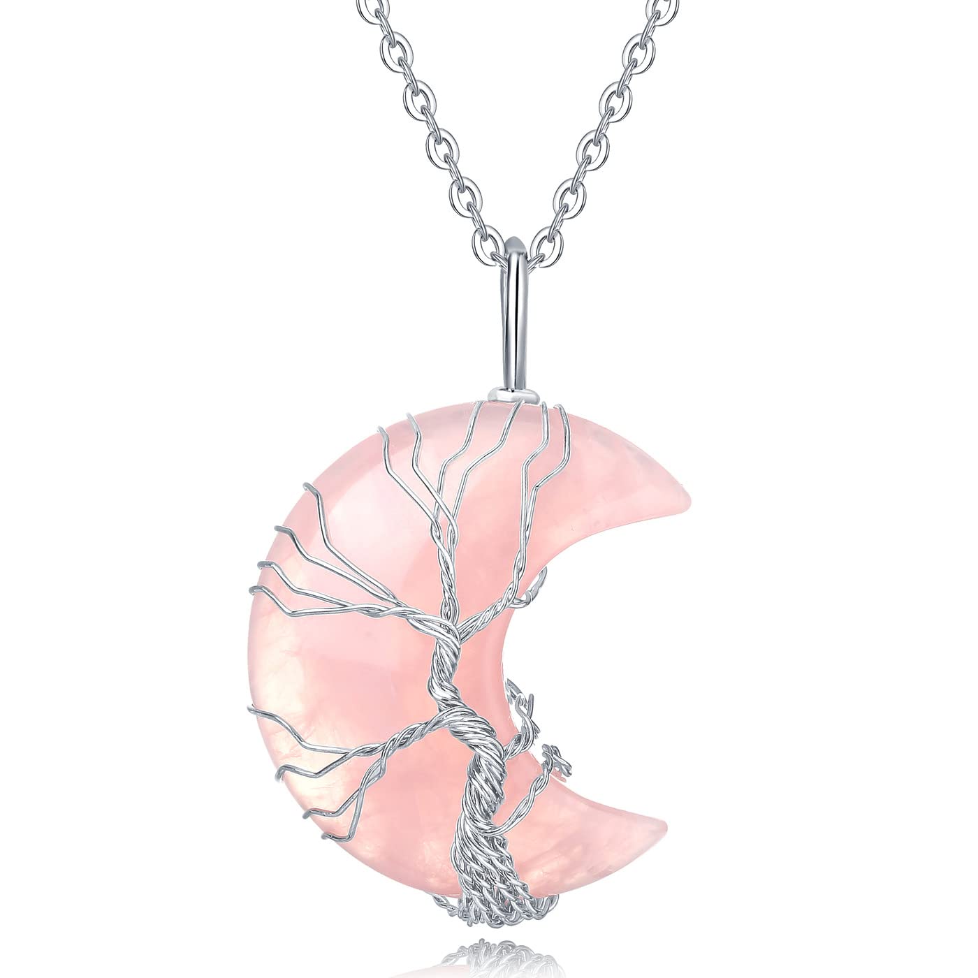 Healing Amethyst Crystal Necklace Crescent Moon Natural Stone Pendant Necklaces Tree of Life Wire Wrapped Hippie Spiritual Reiki Gemstone Quartz Jewelry for Women Gift