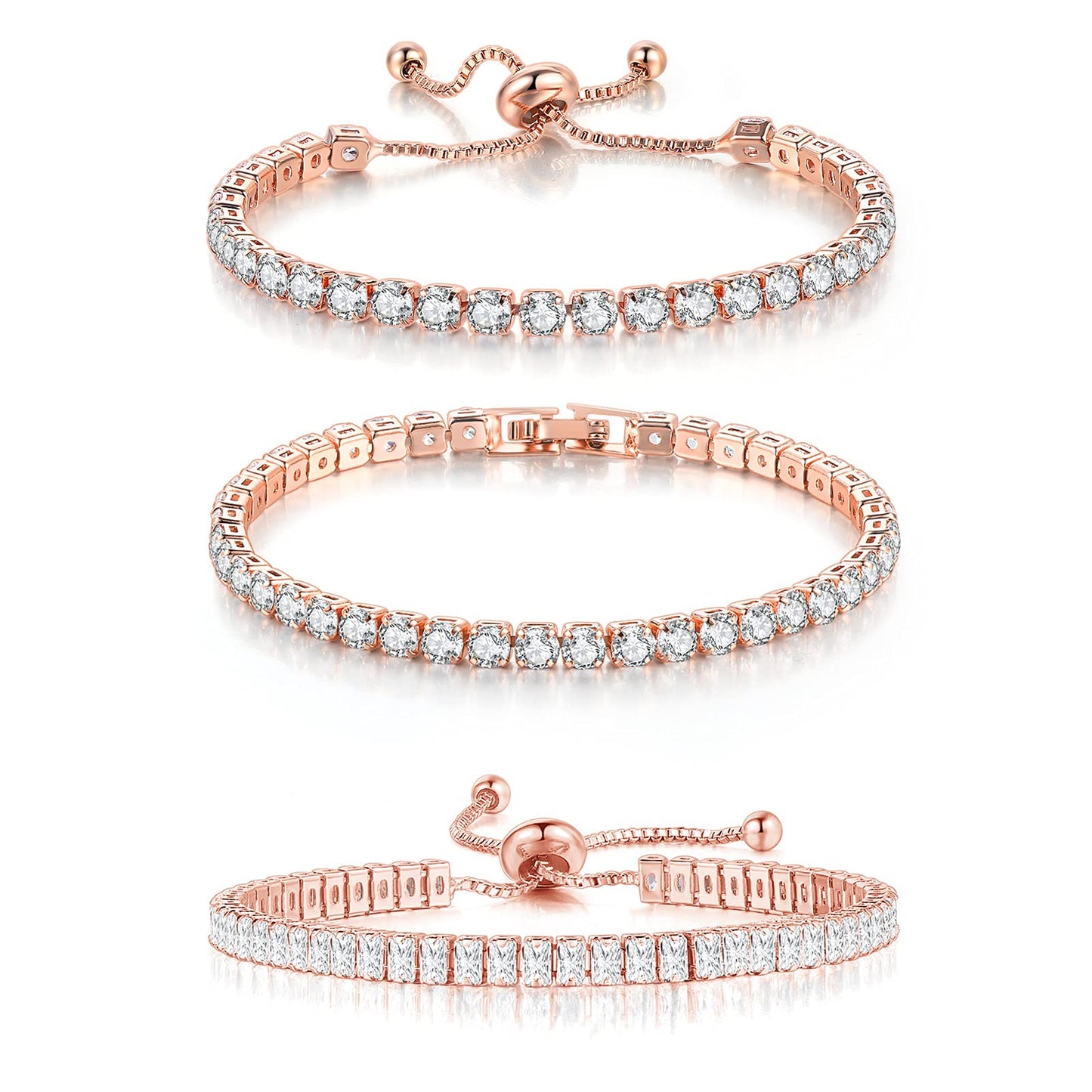 JSJOY 3 Pcs Tennis Bracelets for Women 14K Gold Plated 4mm 5A+ Cubic Zirconia CZ Diamond Classic Adjustable Slider Bracelet Fashion Jewelry Wedding Gift Size 6.5-7.5 Inch