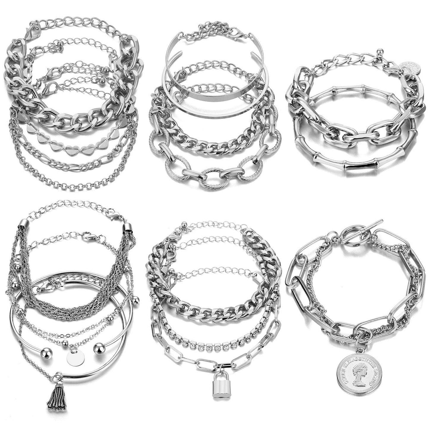 JSJOY 18-25 Pcs (6 Pack) 14K Gold Silver Bracelets Set for Women Girls Boho Stackable Y2K Chain Layered Multipack Bangles Adjustable Layering Cuff Italian Cuban Anklet Charm Chunky Bracelet Bundle Jewelry