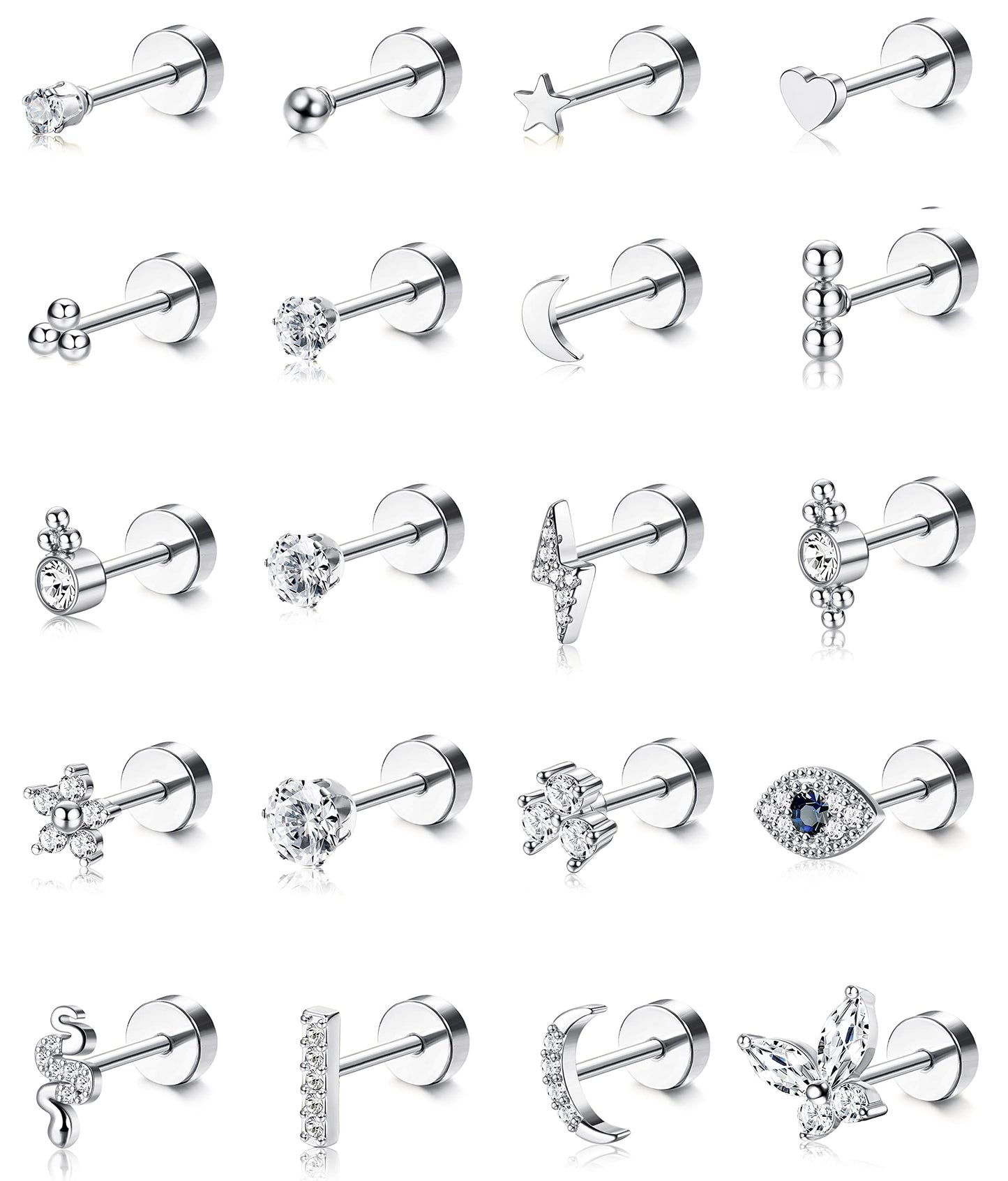 JSJOY 20Pcs Stainless Steel Stud Earrings for Women Men 20G Tiny Cartilage Stud Earrings Small Snake Star Moon Ball Butterfly Heart Eye Flower Screwback Flat Back Stud Earrings Piercing Jewelry Set