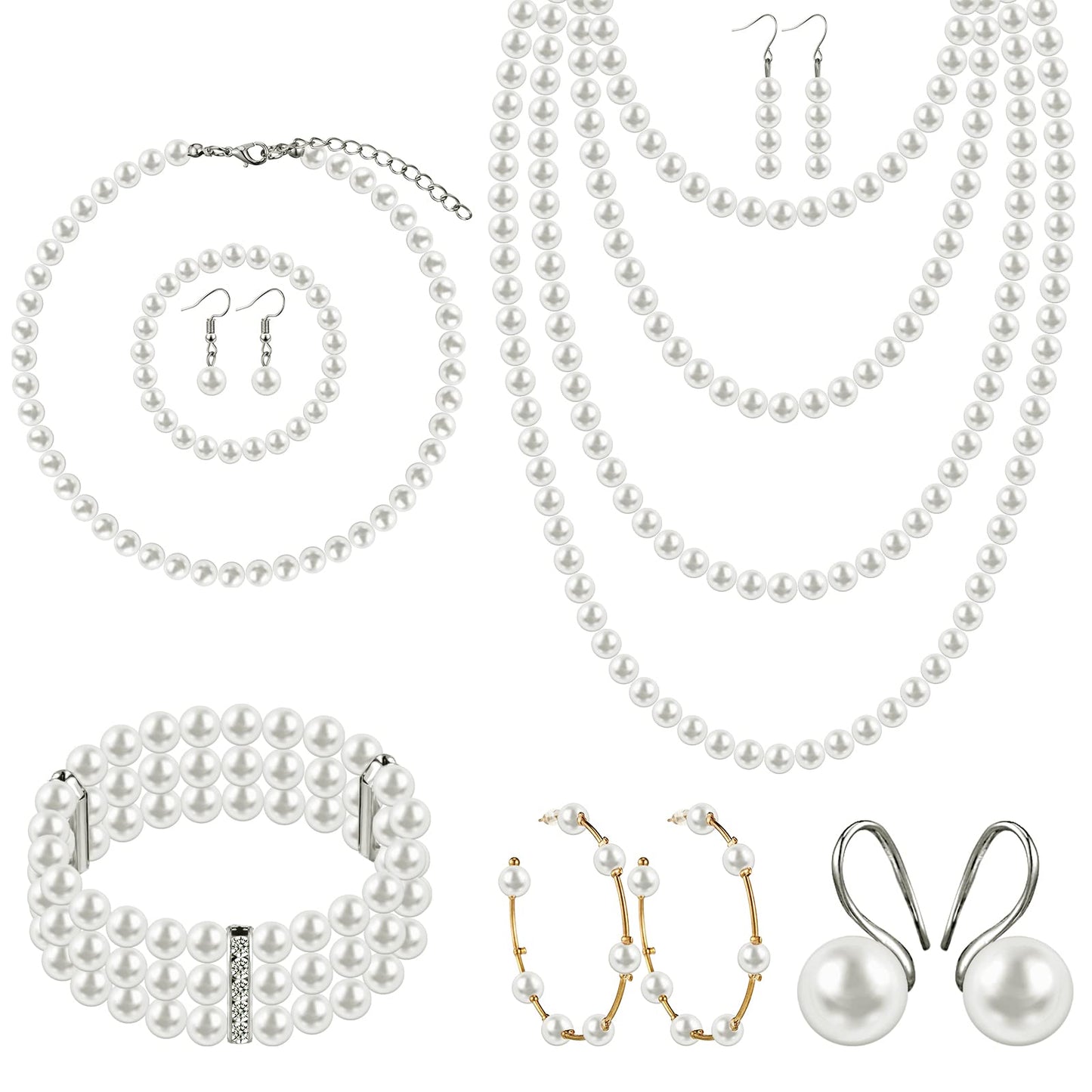 8 Pcs Pearl Necklace Pearl Earrings Pearl Bracelet Set fashion Simulated Pearls Accessories Wedding Pearl Jewelry Set Christmas Gift for Women Mom Wife