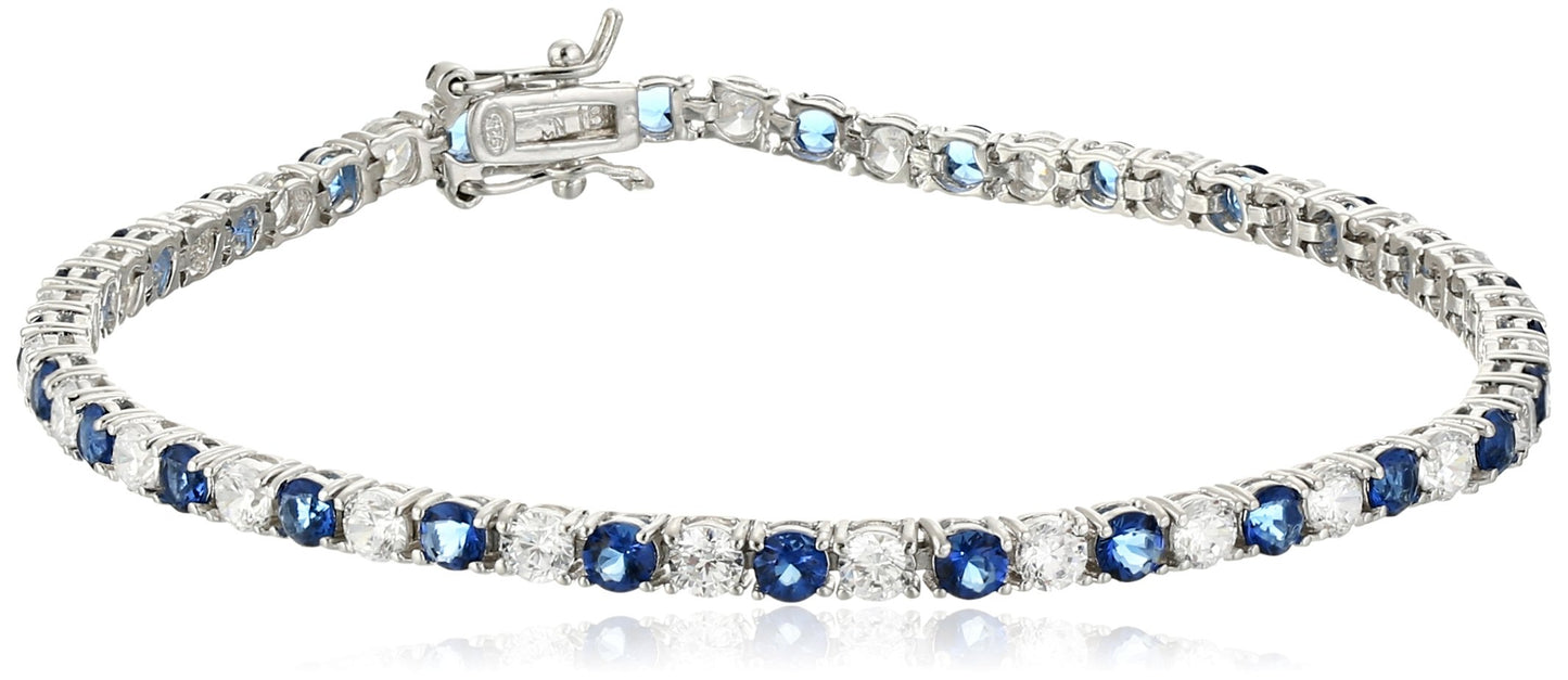 JSJOY 925 tennis bracelet Sterling Silver Alternating AAA Cubic Zirconia Blue gemstone Tennis Bracelet Holiday gifts for family and lovers,7.5"