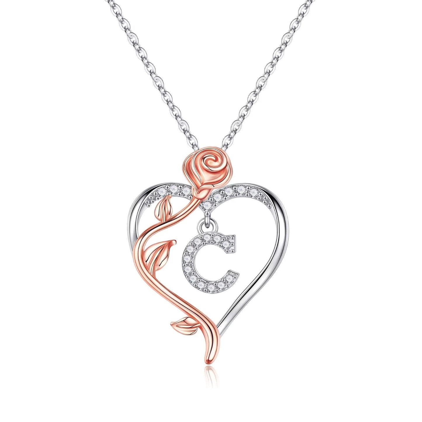 JSJOY Rose Heart Initial Necklaces Gifts for Women Teen Girls, Rose Love Heart Letter Pendant Necklace Jewelry Mothers Day Valentines Anniversary Birthday Gifts for Her Women Wife Girlfriend Mom