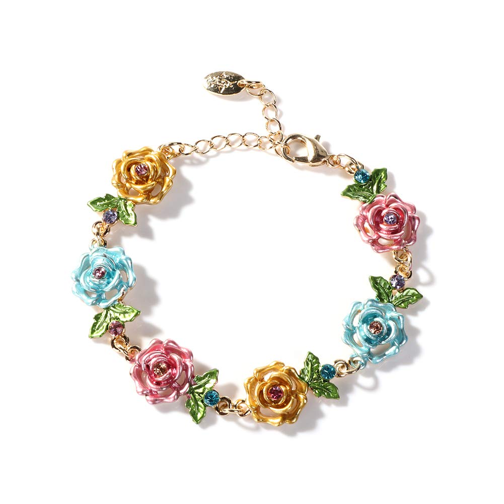JSJOY Flower Bracelet Colorful Link Bracelets Rose Flower Leaf Bangle Bracelet Anklet Cloisonne Chain Hand Jewelry with Charm for Women Lady Girl Daughter with Extension Chain Gift Box gift