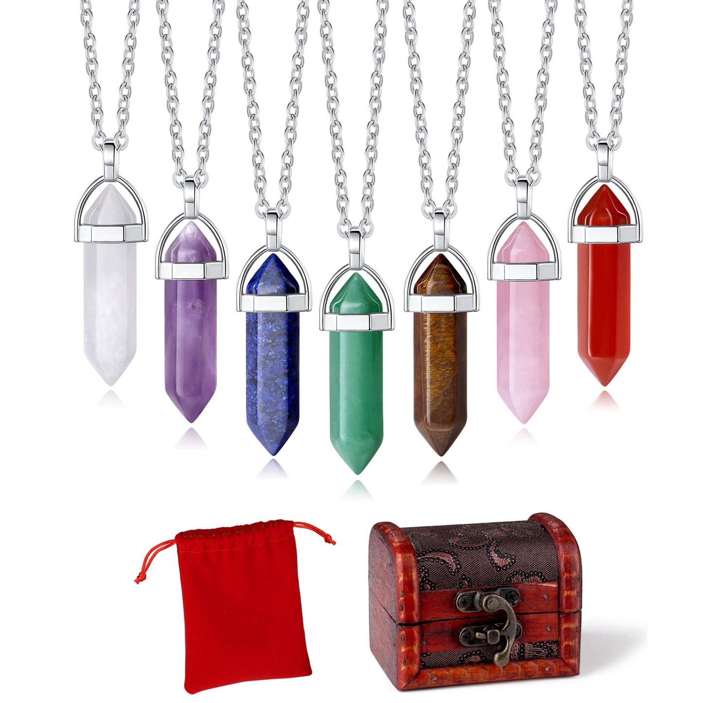 JSJOY 10 Pcs Crystal Necklace Healing Amethyst Crystals Carnelian Chakra Necklaces Evil Eye Necklace Vintage Hippie Wiccan Boho Rose Quartz Obsidian Moon Sun Jewelry Heart Gemstone Aventurine Turquoise Pendant for Women Wholesale
