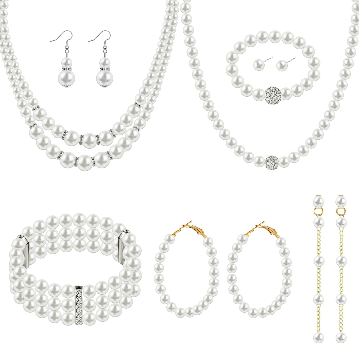 8 Pcs Pearl Necklace Pearl Earrings Pearl Bracelet Set fashion Simulated Pearls Accessories Wedding Pearl Jewelry Set Christmas Gift for Women Mom Wife