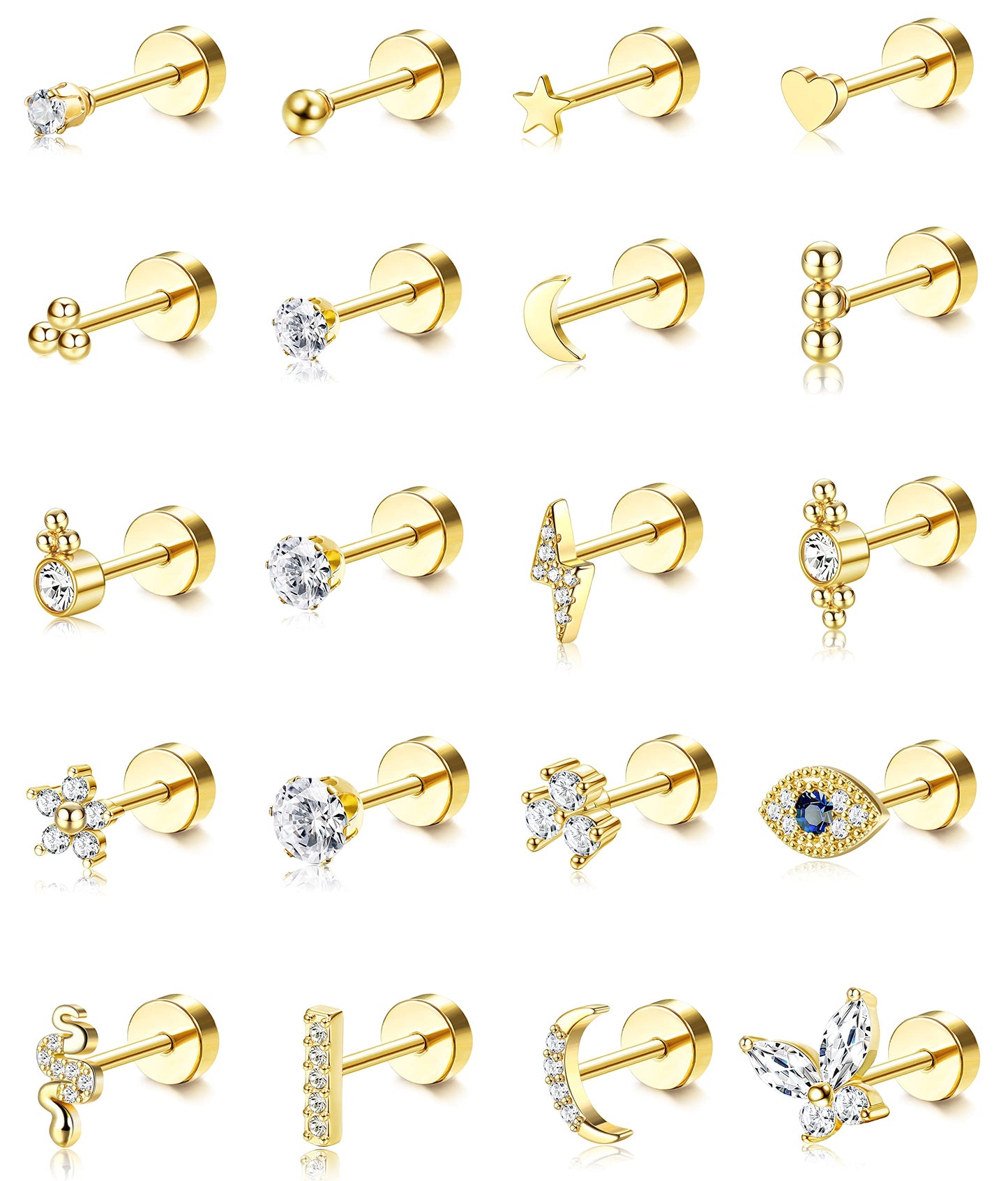 JSJOY 20Pcs Stainless Steel Stud Earrings for Women Men 20G Tiny Cartilage Stud Earrings Small Snake Star Moon Ball Butterfly Heart Eye Flower Screwback Flat Back Stud Earrings Piercing Jewelry Set