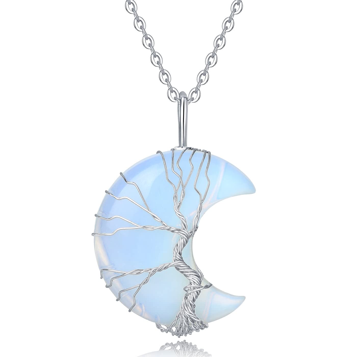 Healing Amethyst Crystal Necklace Crescent Moon Natural Stone Pendant Necklaces Tree of Life Wire Wrapped Hippie Spiritual Reiki Gemstone Quartz Jewelry for Women Gift