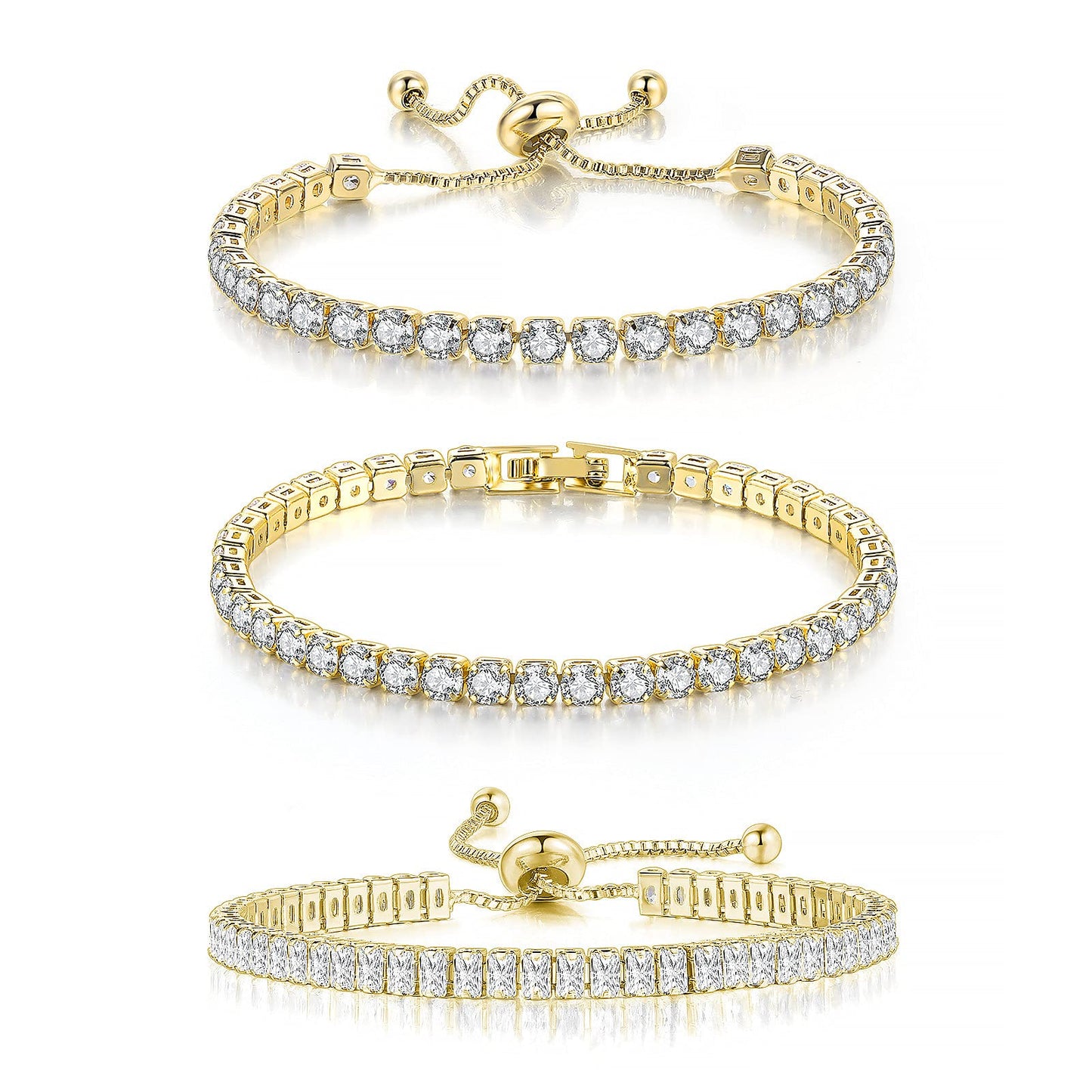 JSJOY 3 Pcs Tennis Bracelets for Women 14K Gold Plated 4mm 5A+ Cubic Zirconia CZ Diamond Classic Adjustable Slider Bracelet Fashion Jewelry Wedding Gift Size 6.5-7.5 Inch