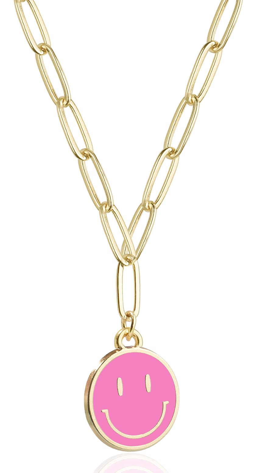 JSJOY Smiley Face Necklace 14K Gold Plated Paperclip Necklace Preppy Jewelry Y2K Trendy Necklace for Women Teen Girls