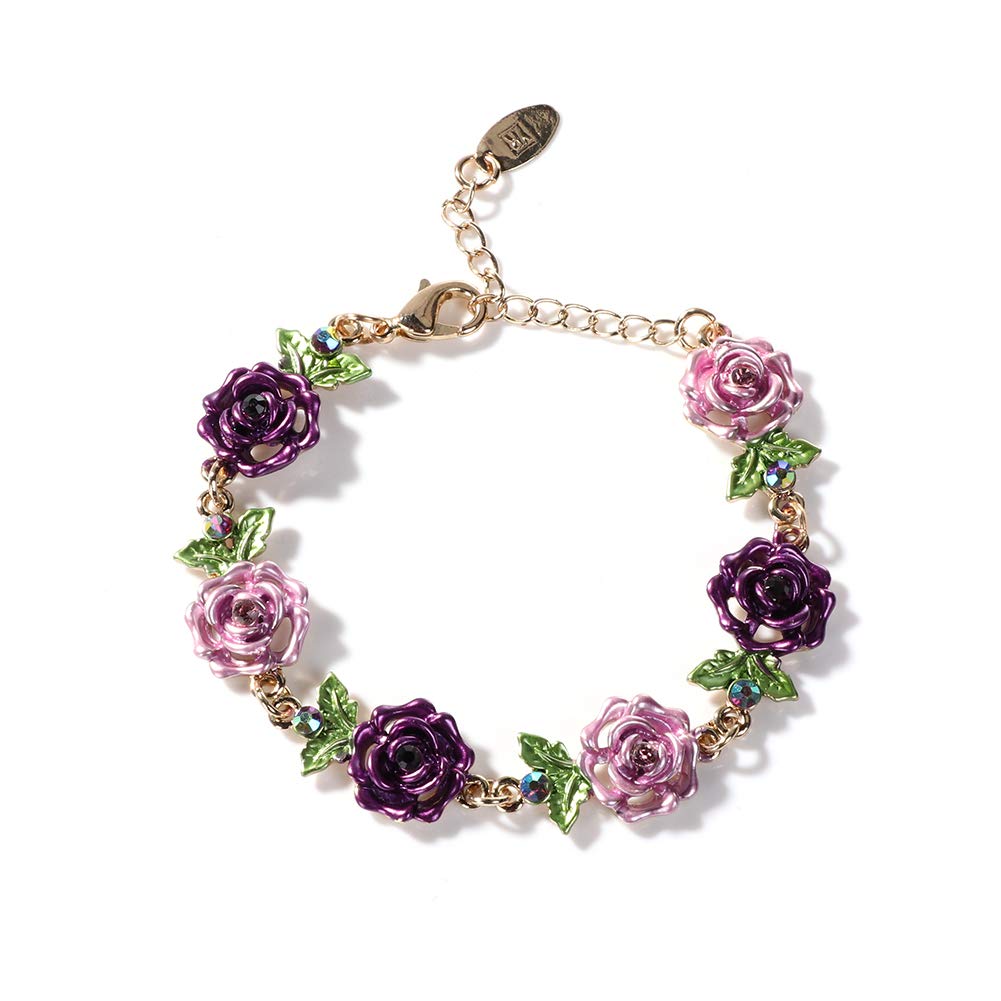JSJOY Flower Bracelet Colorful Link Bracelets Rose Flower Leaf Bangle Bracelet Anklet Cloisonne Chain Hand Jewelry with Charm for Women Lady Girl Daughter with Extension Chain Gift Box gift