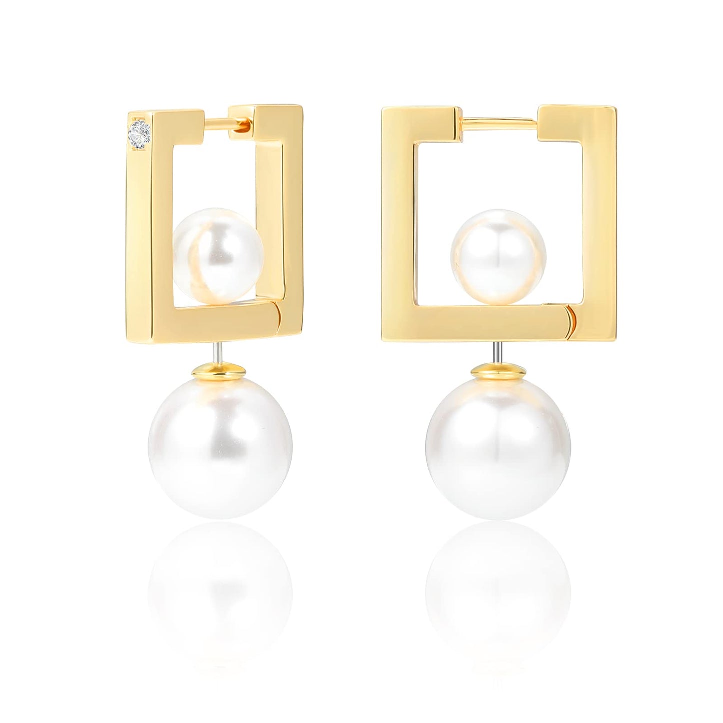 Pearl Earrings Studs 16K Gold Plated Multi-Wearing Pearl Pendants 925 Sterling Silver Needle Double Sided Earring for Women Girls
