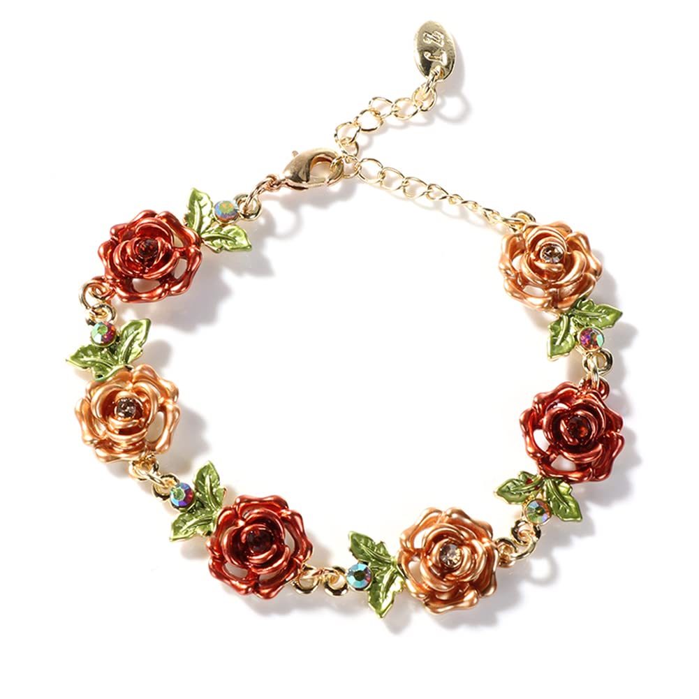 JSJOY Flower Bracelet Colorful Link Bracelets Rose Flower Leaf Bangle Bracelet Anklet Cloisonne Chain Hand Jewelry with Charm for Women Lady Girl Daughter with Extension Chain Gift Box gift