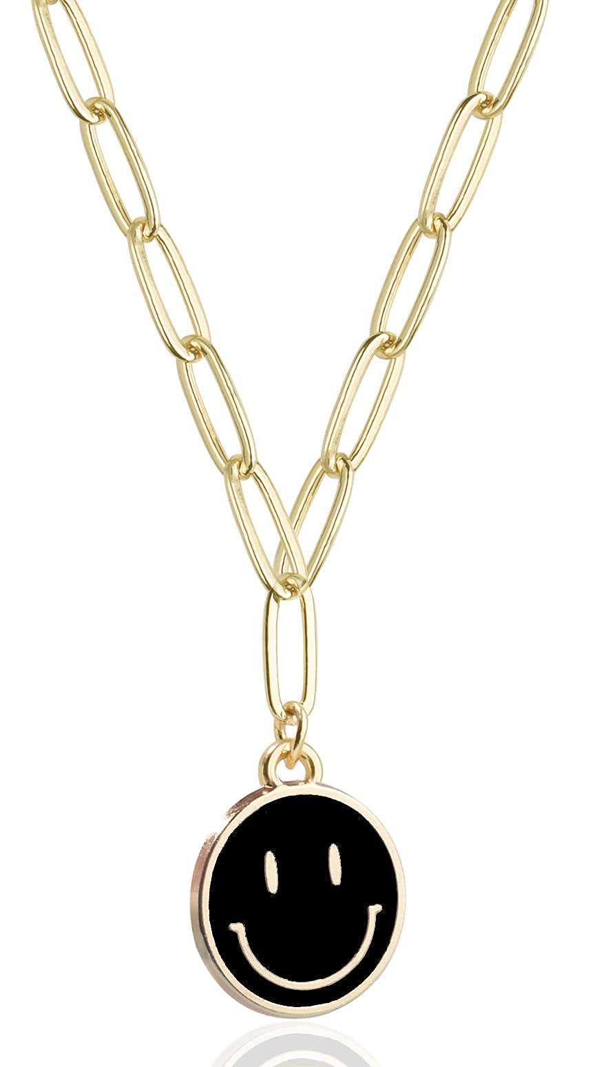 JSJOY Smiley Face Necklace 14K Gold Plated Paperclip Necklace Preppy Jewelry Y2K Trendy Necklace for Women Teen Girls