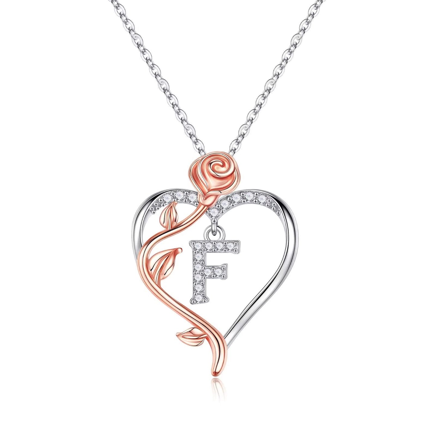 JSJOY Rose Heart Initial Necklaces Gifts for Women Teen Girls, Rose Love Heart Letter Pendant Necklace Jewelry Mothers Day Valentines Anniversary Birthday Gifts for Her Women Wife Girlfriend Mom