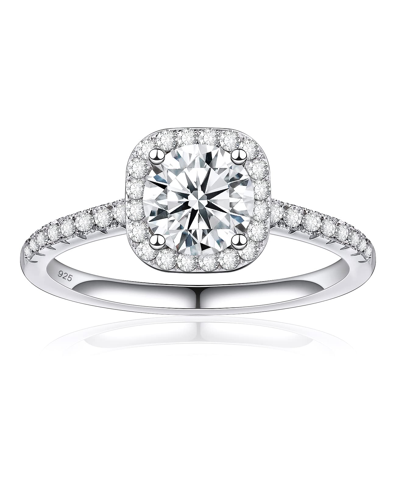 JSJOY Fashion Moissanite Halo Ring for Women, S925 Sterling Silver 18K White Gold Plated Engagement Ring 1.3CT D Color VVS1 Clarity Round Cut Solitaire Rings, Wedding Bands Promise Lab Diamond Rings for HerMoissanite Halo Ring for Women