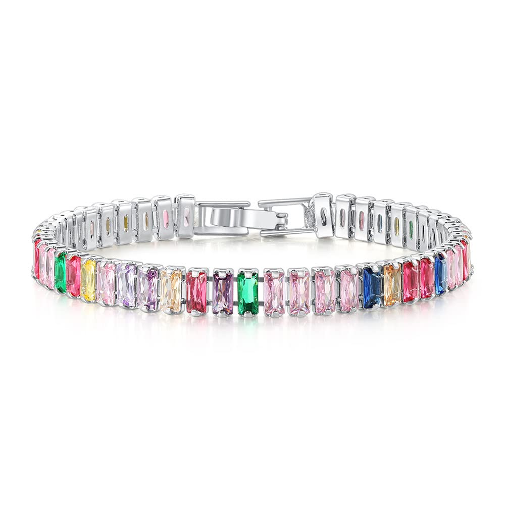 JSJOY Adjustable Tennis Bracelets for Women Teen Girls Rainbow Cubic Zirconia Bracelet 14K White Gold Plated Hypoallergenic Slider Bracelet Jewelry Gift