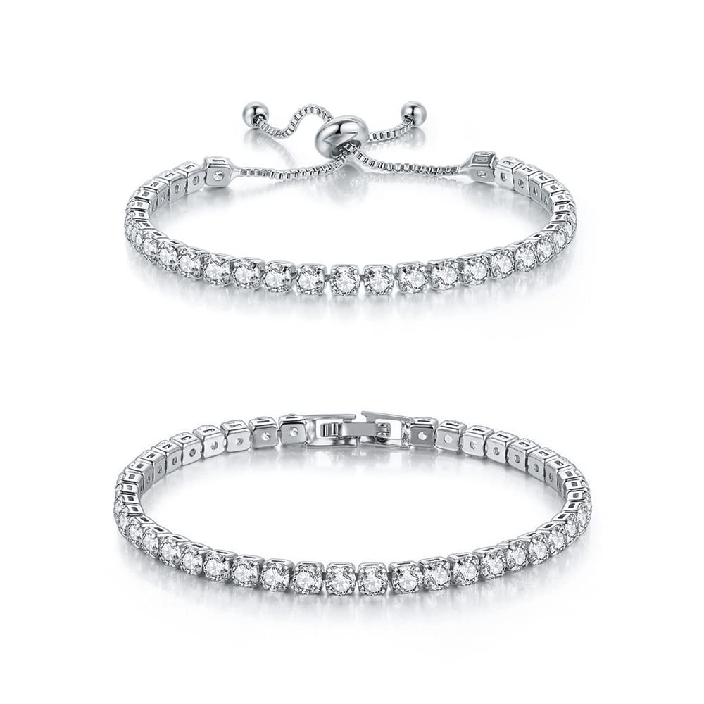 JSJOY Adjustable Tennis Bracelets for Women Teen Girls Rainbow Cubic Zirconia Bracelet 14K White Gold Plated Hypoallergenic Slider Bracelet Jewelry Gift