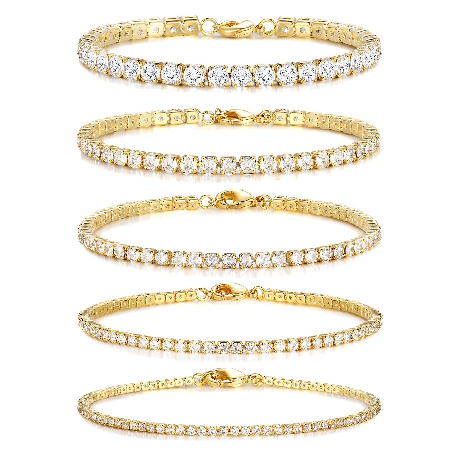Diamond Bracelet 5 PCS Gold Tennis Bracelets for Women Teen Girls, 14K Gold Plated Adjustable Cubic Zirconia Charm Bracelets Pack, Classic Bracelets Aesthetic Jewelry for Gift