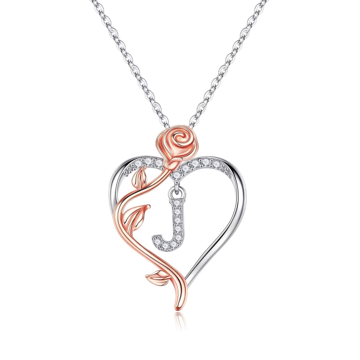 JSJOY Rose Heart Initial Necklaces Gifts for Women Teen Girls, Rose Love Heart Letter Pendant Necklace Jewelry Mothers Day Valentines Anniversary Birthday Gifts for Her Women Wife Girlfriend Mom