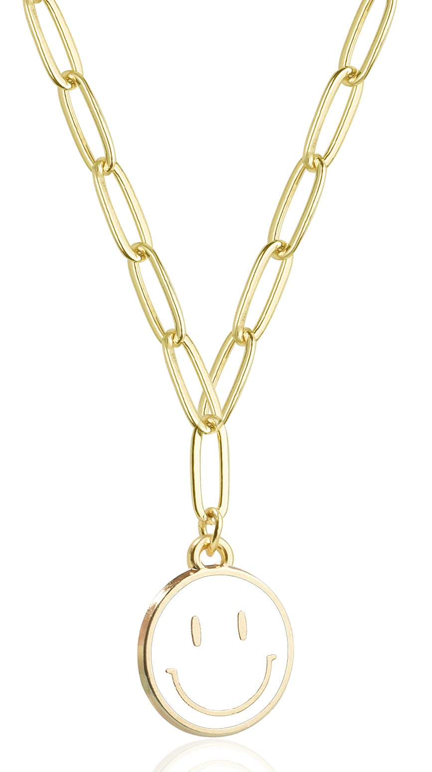 JSJOY Smiley Face Necklace 14K Gold Plated Paperclip Necklace Preppy Jewelry Y2K Trendy Necklace for Women Teen Girls