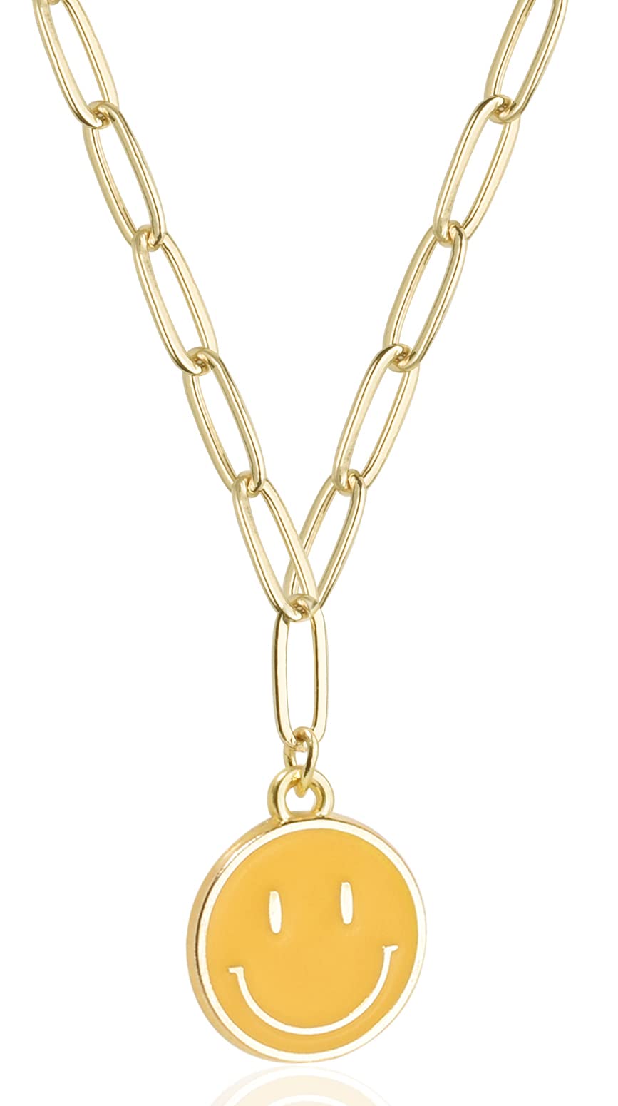 JSJOY Smiley Face Necklace 14K Gold Plated Paperclip Necklace Preppy Jewelry Y2K Trendy Necklace for Women Teen Girls